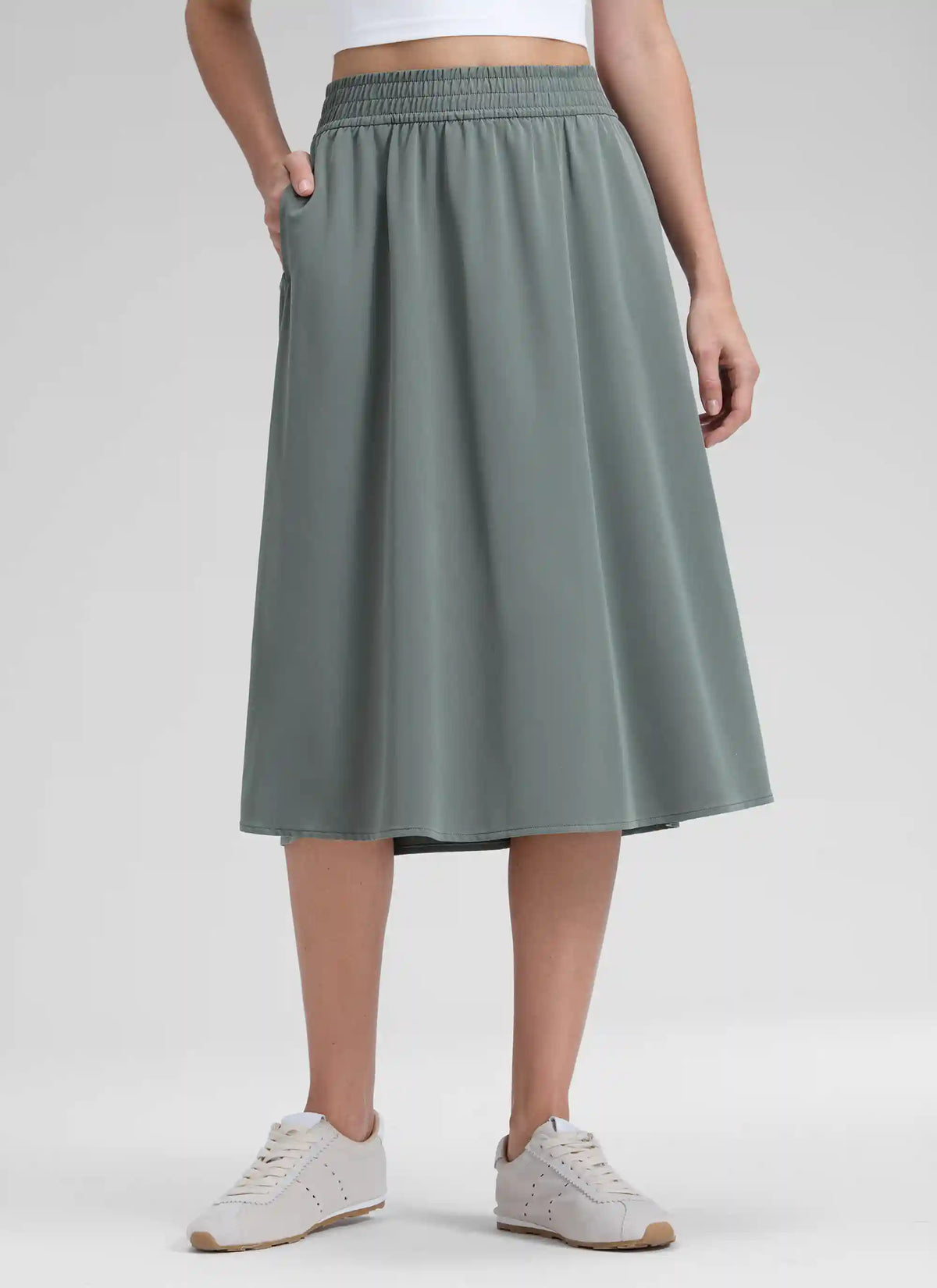 Feathery-Fit Drapey Pockets Midi Skirt