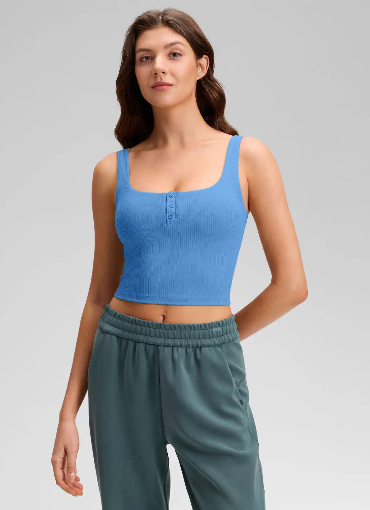 Ribbed Henley Neck Built in Bra Tank